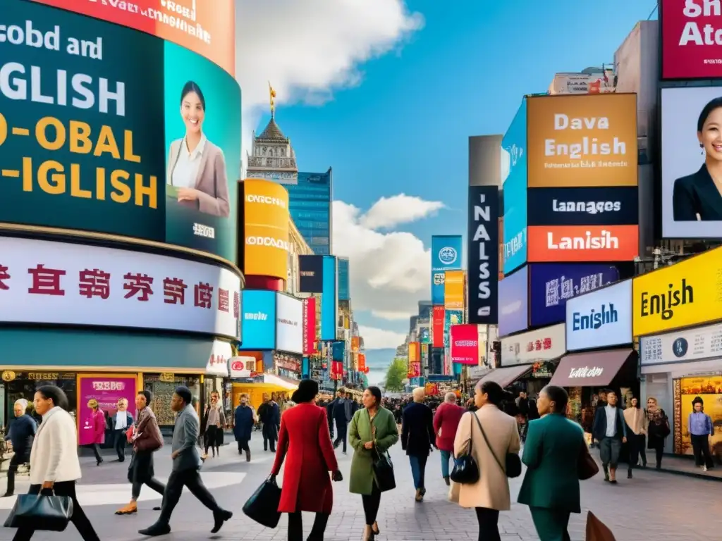 Un bullicioso escenario urbano donde personas de diversas edades y etnias conversan en distintos idiomas, con palabras en inglés visibles en letreros y anuncios