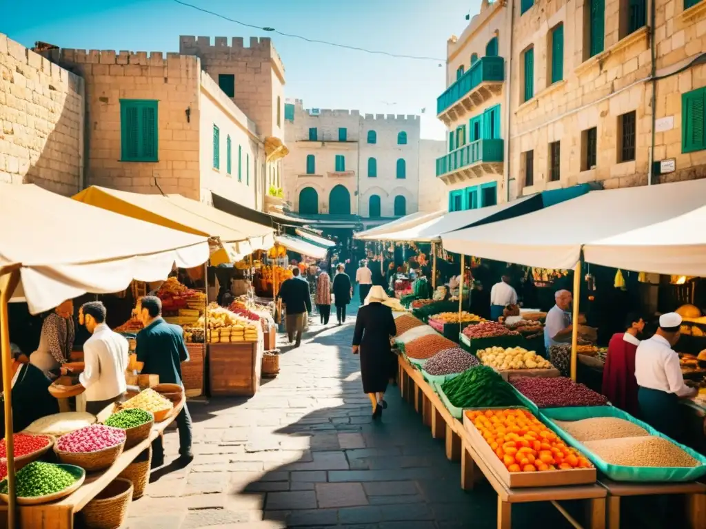 Un bullicioso mercado al aire libre en Tel Aviv, con puestos de comida hebrea, textiles coloridos y artesanías