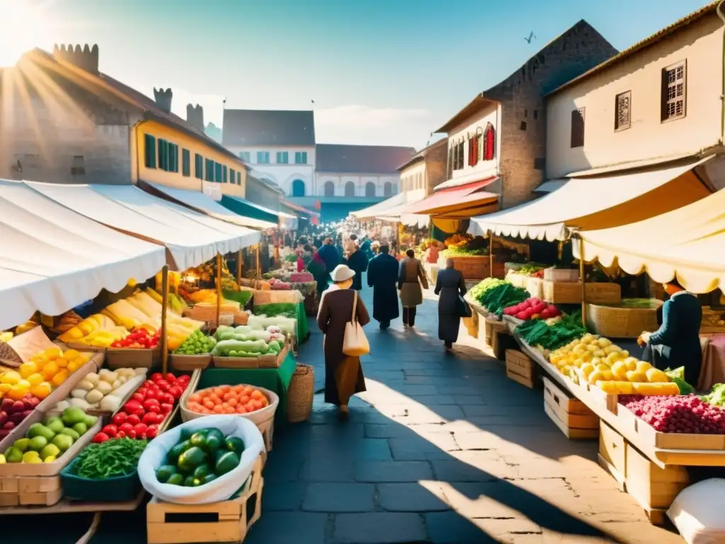 Un bullicioso mercado al aire libre en un país extranjero, lleno de puestos coloridos vendiendo productos frescos, artesanías y ropa tradicional