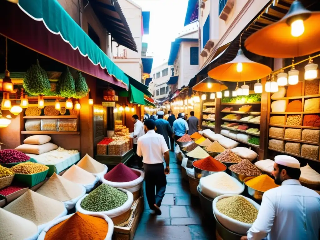 Un bullicioso mercado árabe con colores vibrantes y patrones intrincados, donde el comercio modeló el vocabulario árabe en una escena dinámica y viva