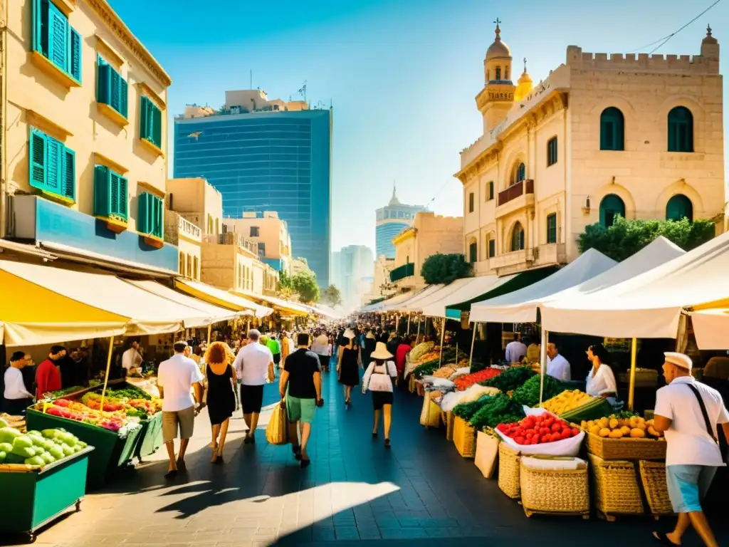 Un bullicioso mercado callejero en Tel Aviv, con productos frescos, textiles vibrantes y una mezcla única de arquitectura antigua y moderna