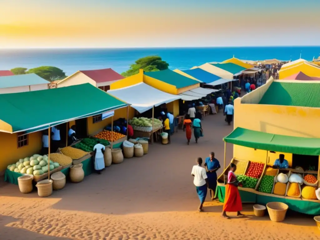 Un bullicioso mercado en una ciudad costera africana, con colores vibrantes y actividad comercial