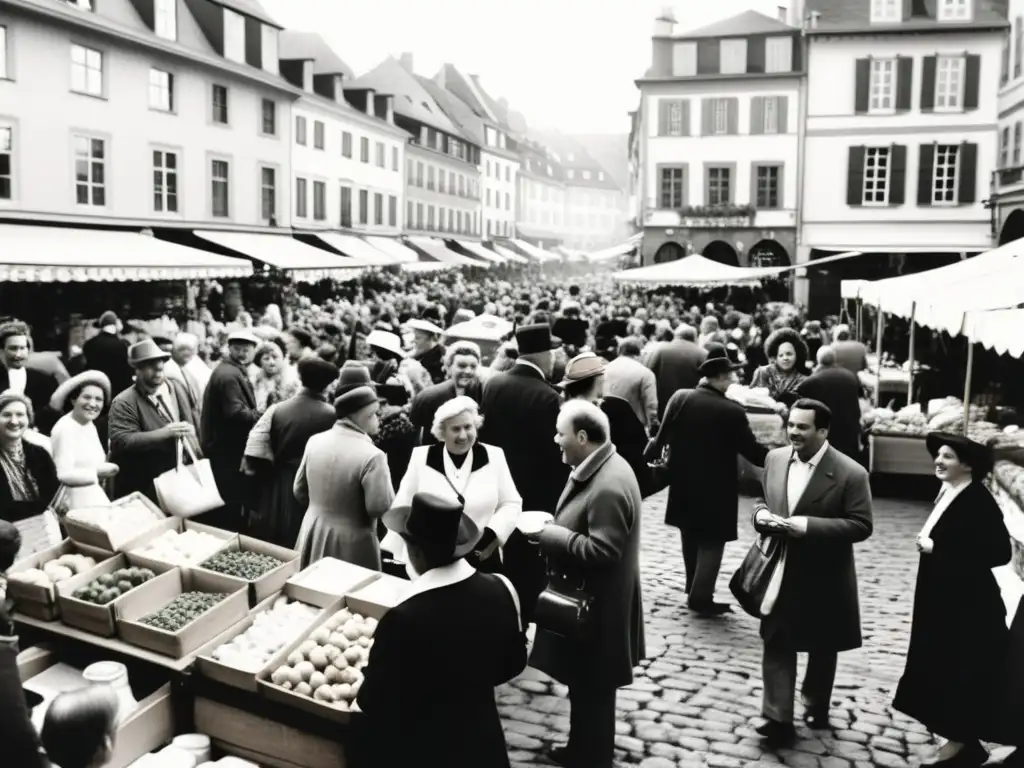 Un bullicioso mercado en una ciudad europea histórica, reflejando una rica diversidad cultural y lingüística