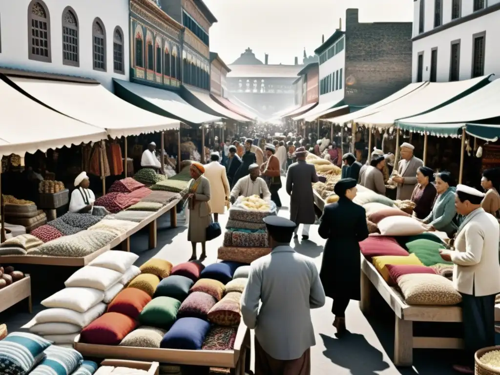 Un bullicioso mercado internacional en blanco y negro, rebosante de diversidad cultural y lenguaje