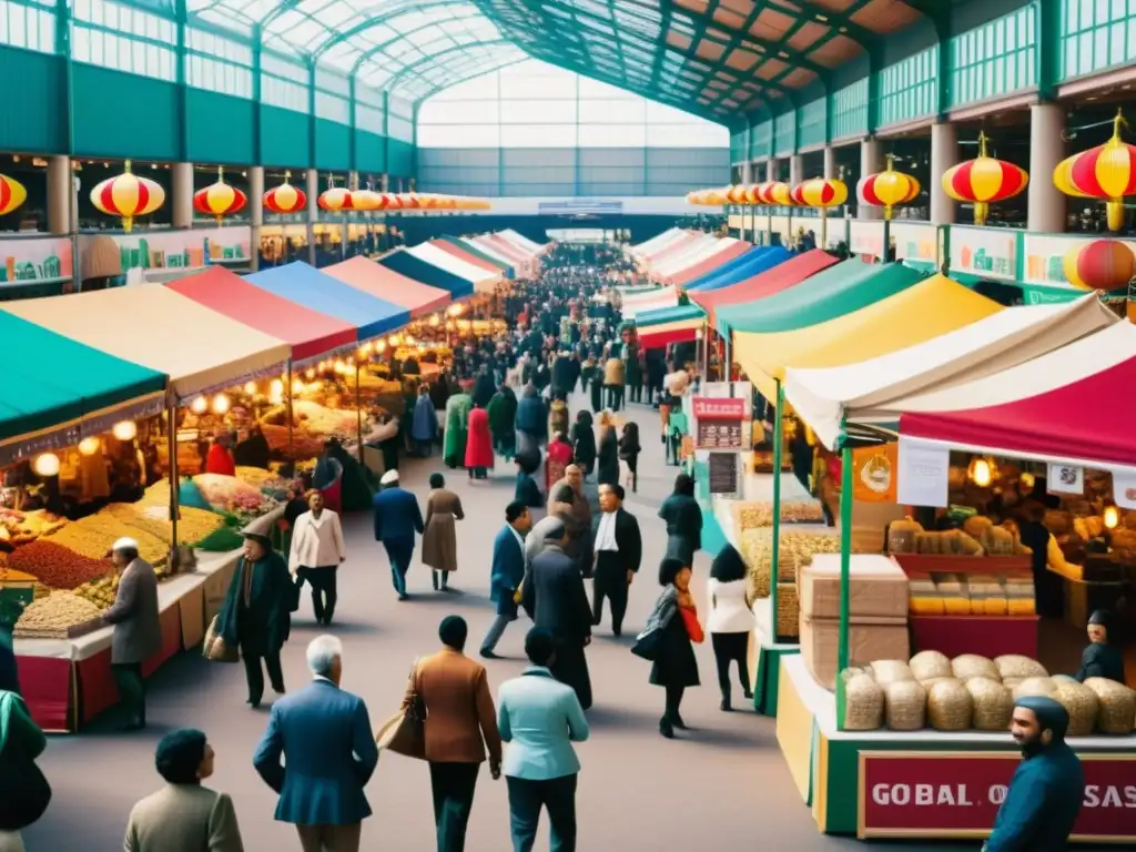 Un bullicioso mercado internacional con gente de diversas culturas comerciando, rodeado de coloridos puestos y letreros en varios idiomas