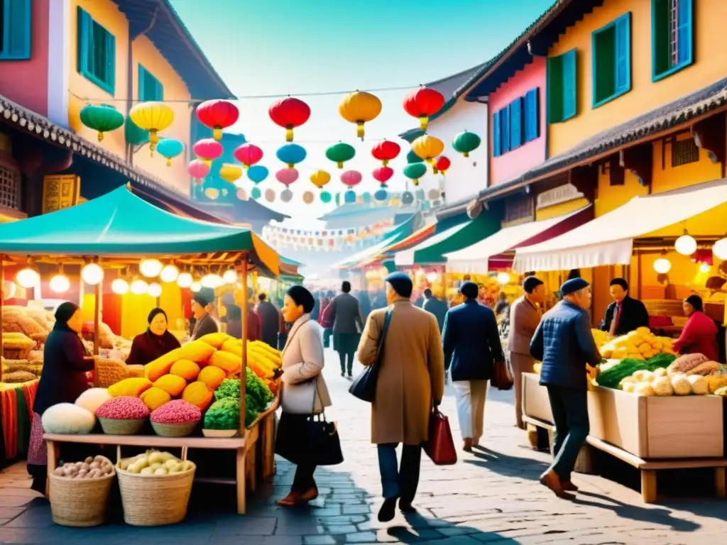 Un bullicioso mercado internacional con personas de diversas culturas, intercambiando bienes en puestos coloridos y arquitectura tradicional