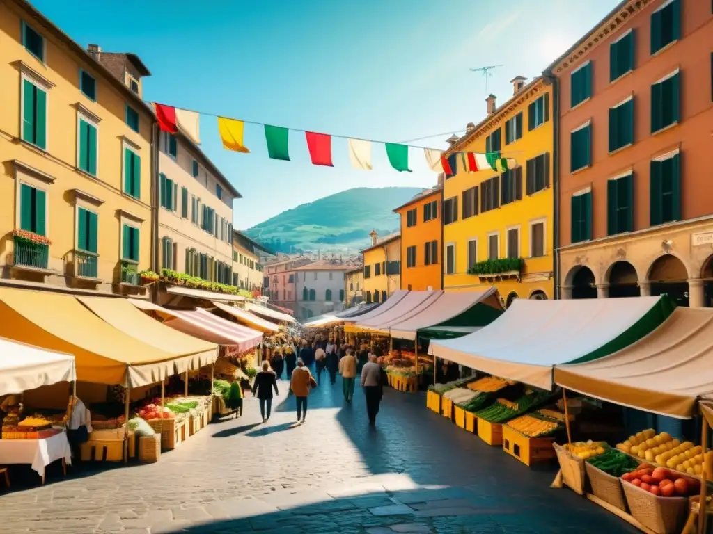 Un bullicioso mercado italiano con colores vibrantes y arquitectura tradicional