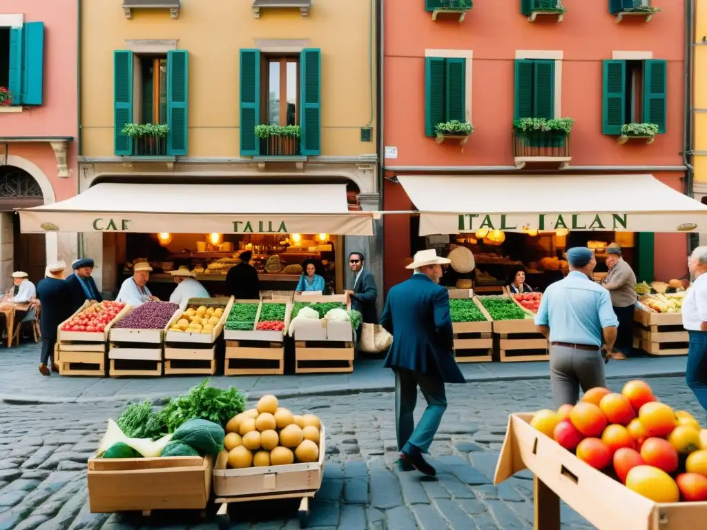 Un bullicioso mercado italiano con edificios coloridos y calles empedradas