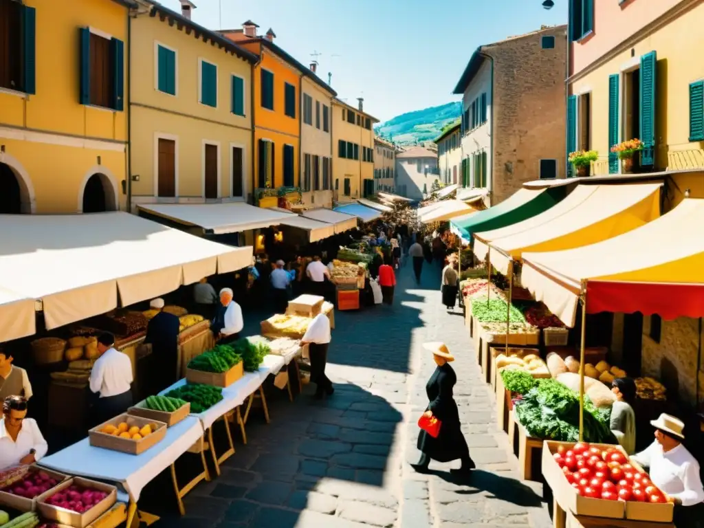 Un bullicioso mercado italiano en sepia, con vendedores locales y animada conversación