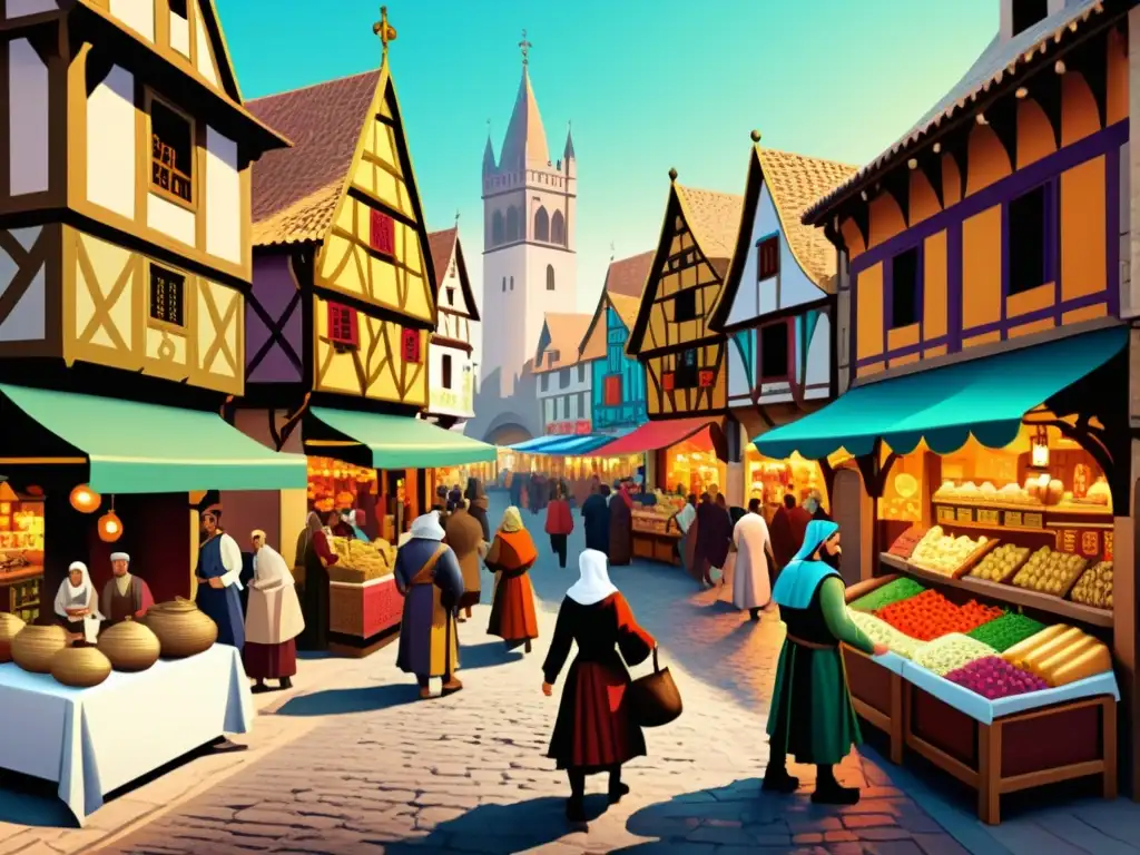 Un bullicioso mercado medieval, con colores vibrantes y detalles intrincados