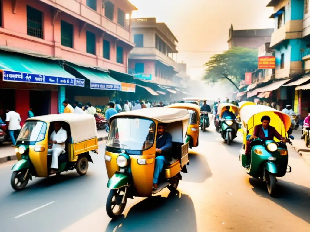 Un bullicioso mercado en Nueva Delhi, India, rebosante de colores y texturas