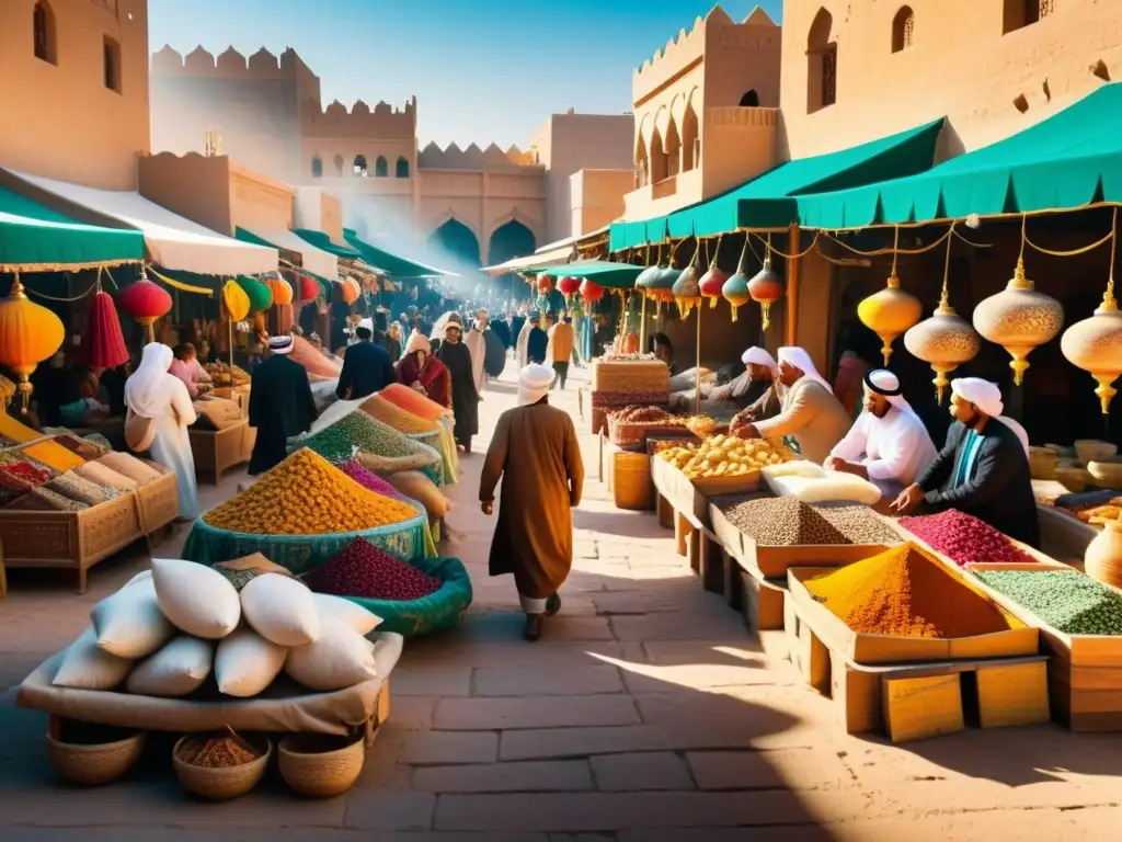 Un bullicioso mercado en el Medio Oriente, lleno de colores, aromas y gente vestida con trajes tradicionales