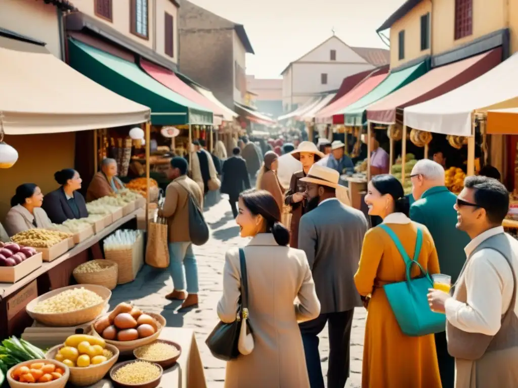 En el bullicioso mercado, personas de diversas culturas disfrutan de un intercambio lingüístico multicultural