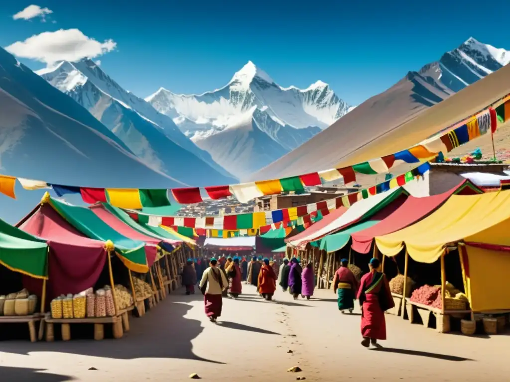 Un bullicioso mercado tibetano con banderas de oración, ropa tradicional colorida y montañas nevadas al fondo