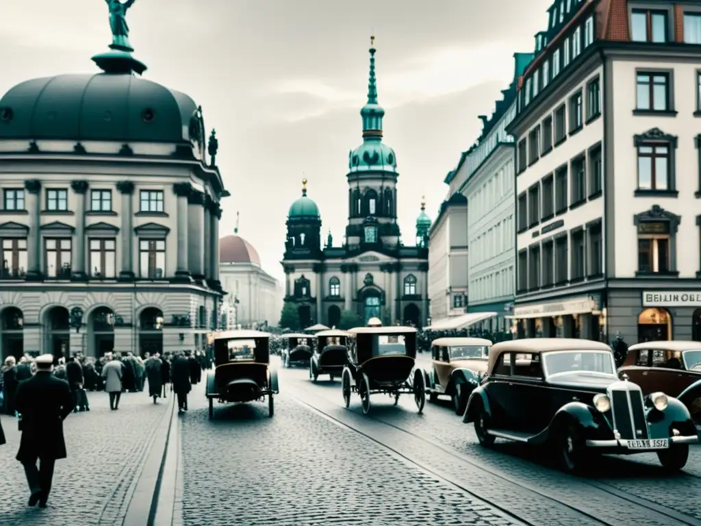 Berlín histórico: calles llenas de vida y arquitectura grandiosa Un bullicioso y nostálgico Berlín de antaño con edificios históricos, calles empedradas y gente vestida de época