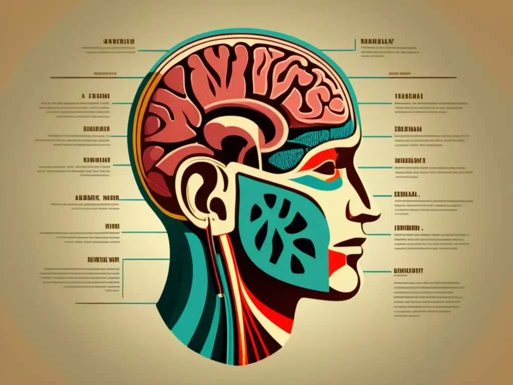 Una ilustración vintage de una cabeza humana disecada con etiquetas anatómicas detalladas del cerebro, evocando un ambiente nostálgico y académico