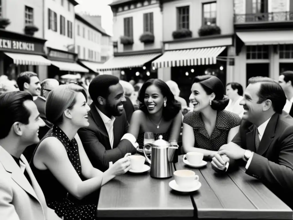 Un café al aire libre bullicioso con gente diversa desafiando la noción de hablar