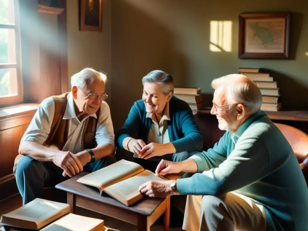 Un cálido estudio de dialectos en declive, con ancianos conversando y sosteniendo libros y papeles en un ambiente vintage iluminado por el sol