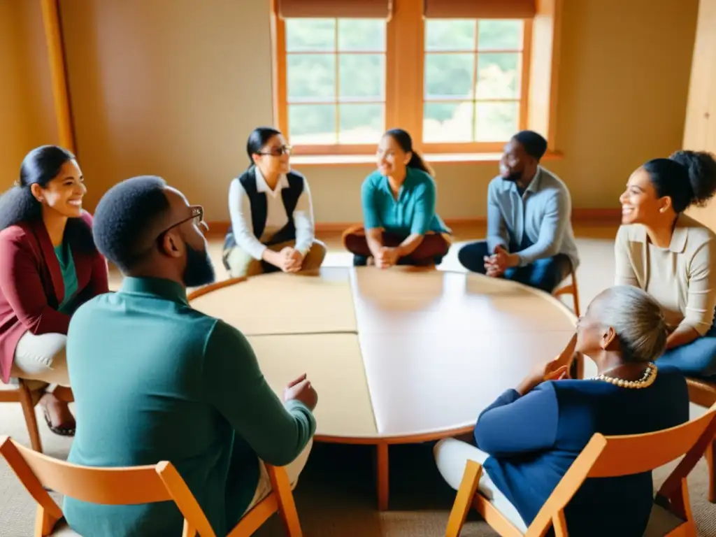 Un cálido taller de idiomas inclusivo con participantes de diferentes edades, géneros y etnias, reflejando diversidad