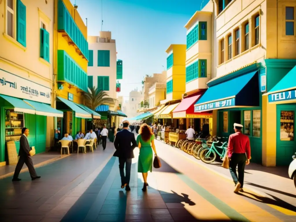 Una calle bulliciosa en Tel Aviv, llena de edificios coloridos y letreros en hebreo