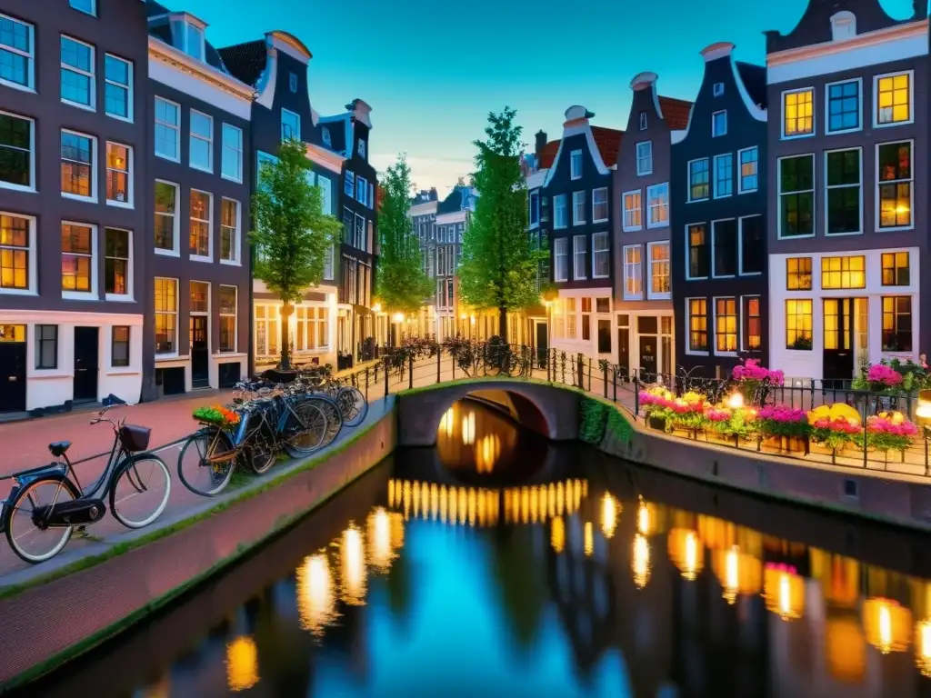 Canal pintoresco en Ámsterdam con casas coloridas, bicicletas y molino