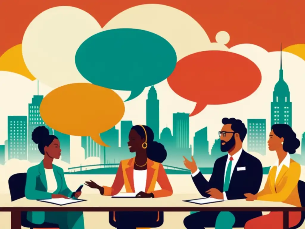 Un cartel con profesionales diversos en una reunión, hablando diferentes idiomas, en una ciudad bulliciosa