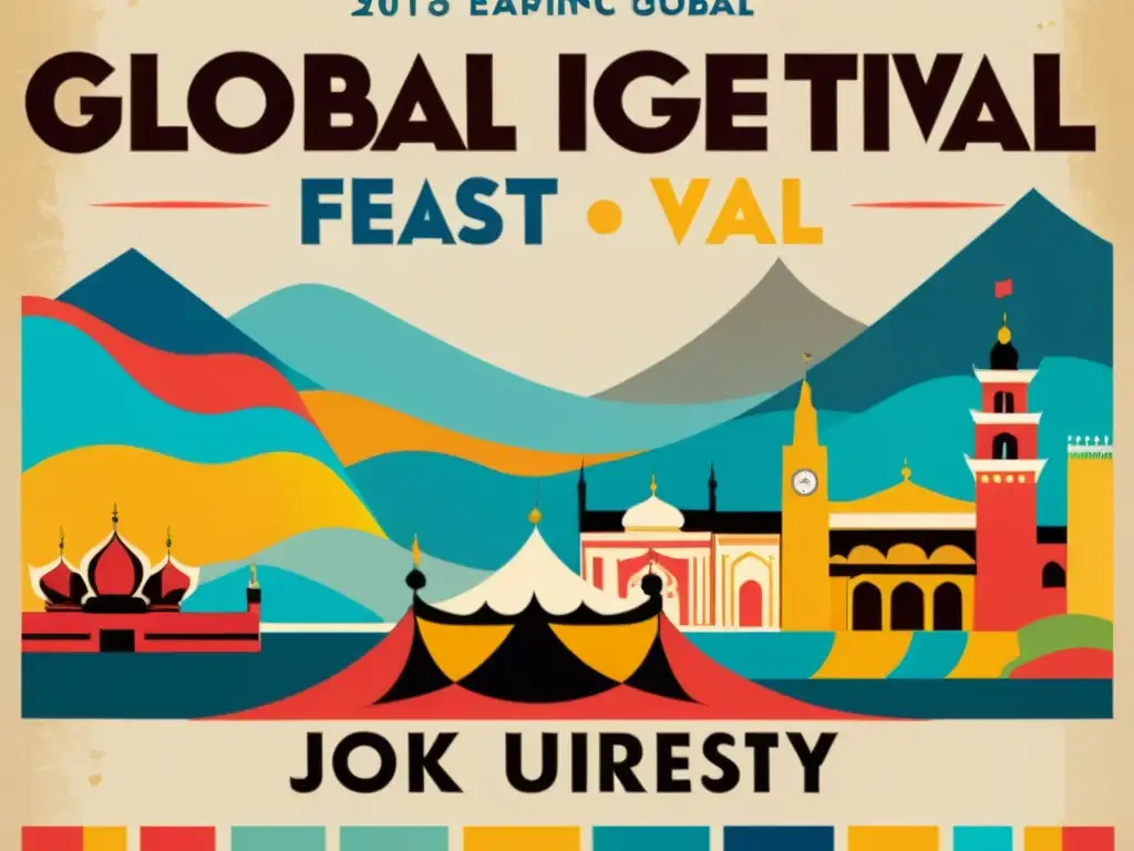 Un cartel vintage anuncia un animado festival lingüístico global con personas de diversas culturas y banderas coloridas de diferentes países