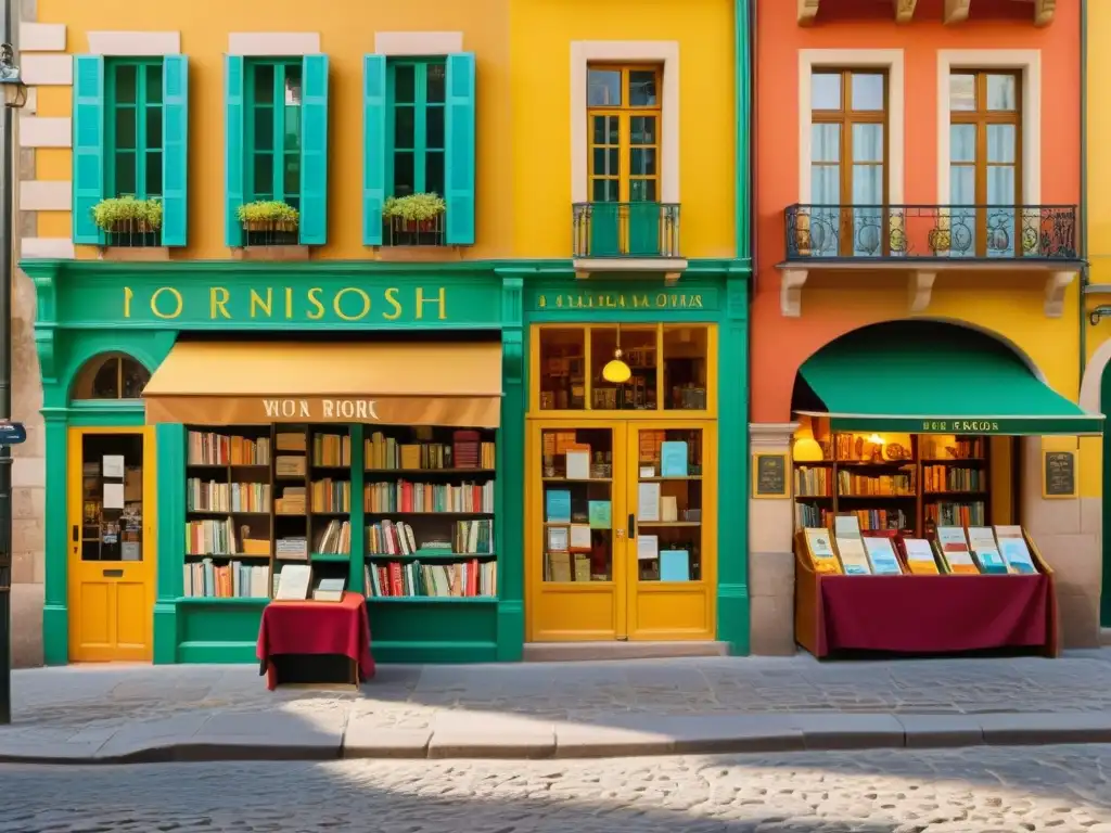 Un cartel vintage de una bulliciosa escena callejera europea, bañada por la cálida luz dorada, con gente hablando español, francés, italiano y portugués