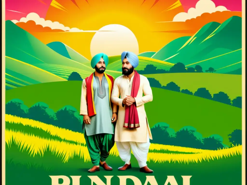 Un cartel vintage de cine punjabi con actores icónicos en atuendos tradicionales, rodeados de campos verdes y un atardecer vibrante