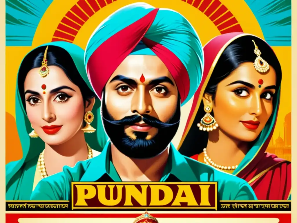 Un cartel vintage de cine punjabi con colores vibrantes y detalles intrincados, capturando la esencia de la influencia cultural del cine punjabi