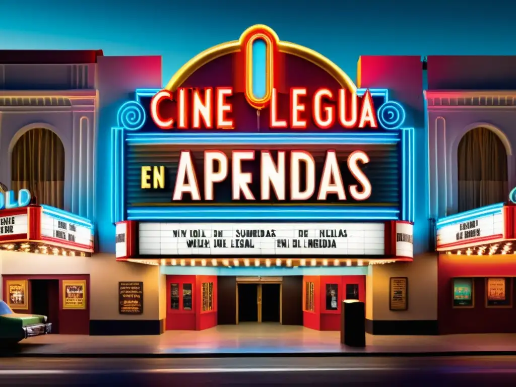 Un cartel vintage de cine con 'Guías de aprendizaje basadas en películas' en letras retro rodeado de luces de neón