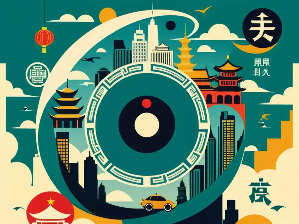 Un cartel vintage muestra una ciudad global con rascacielos y símbolos icónicos de China y países de habla inglesa, divididos por un yin yang