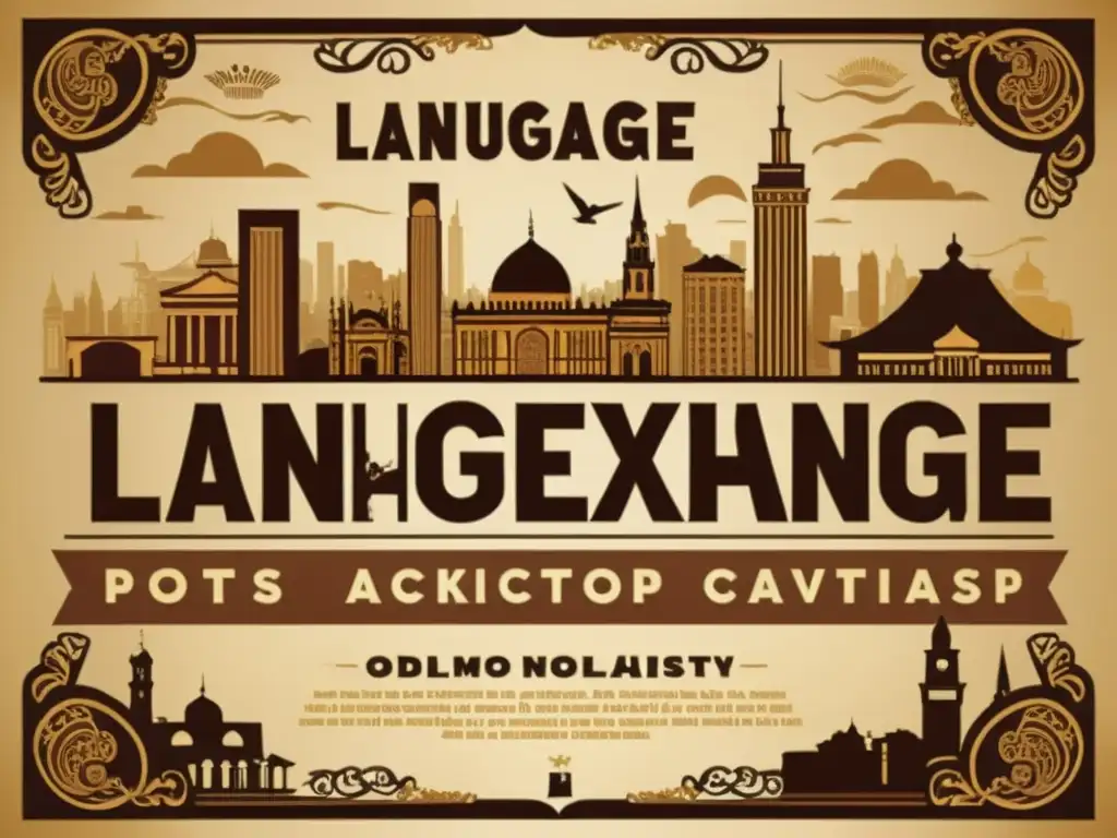 Cartel vintage de intercambio de idiomas: ciudad bulliciosa y diversidad cultural Un cartel vintage detalladamente diseñado de intercambio de idiomas con una animada ciudad de fondo