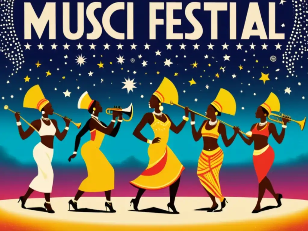 Cartel vintage de festival de música y baile africano, con instrumentos, danzas y multitud bajo el cielo estrellado