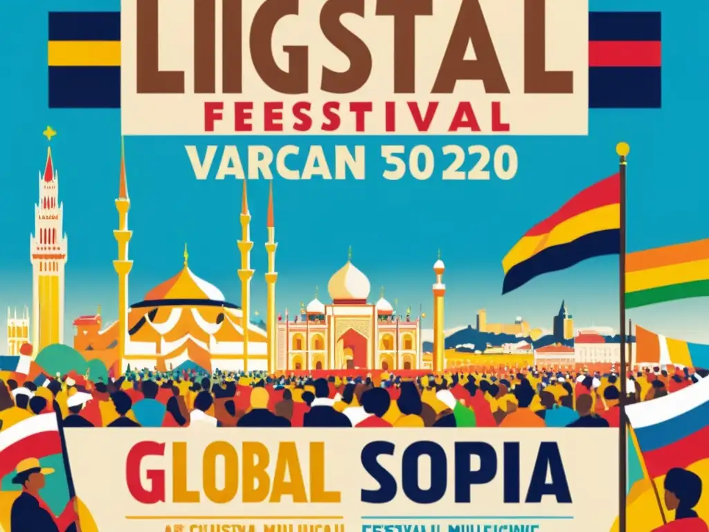 Cartel vintage de festival lingüístico global con diversidad cultural y lingüística, vibrante y festivo