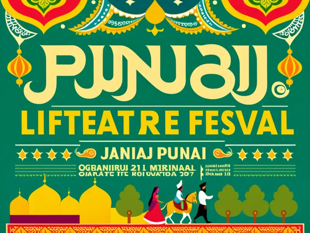 Cartel vintage del festival de literatura Punjabi con colores vibrantes, patrones tradicionales e ilustraciones de figuras literarias y símbolos culturales