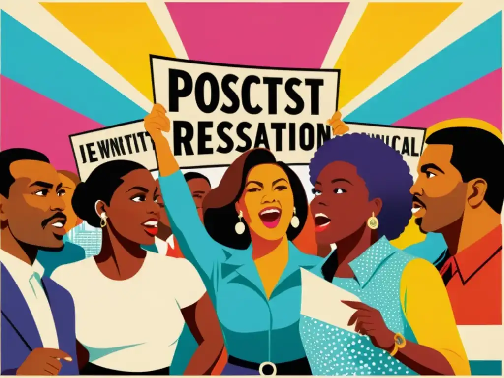 Un cartel vintage muestra a un grupo diverso en una animada discusión con pancartas coloridas de protesta