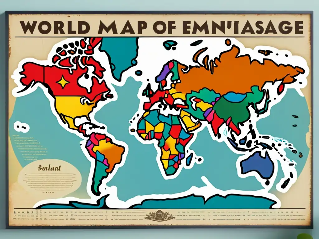 Un cartel vintage con un mapa mundial y variados idiomas representados en tipografía vibrante, reflejando políticas lingüísticas respuesta expansión inglés