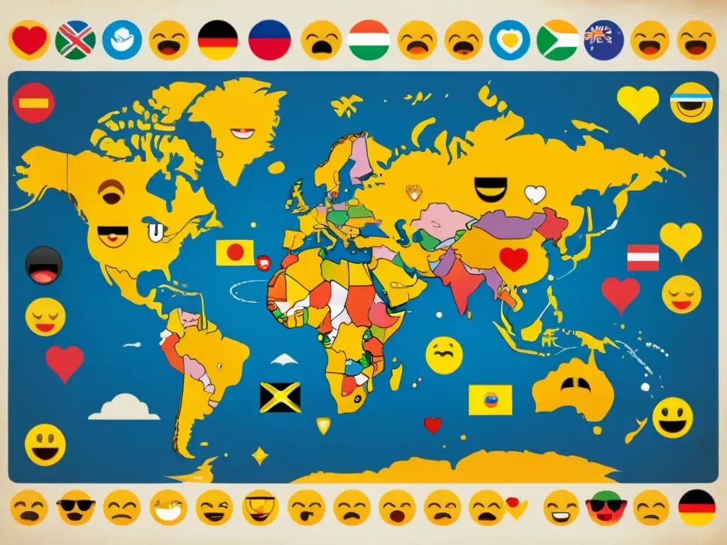 Un cartel vintage muestra un mapa del mundo con emojis, representando el impacto global en la comunicación