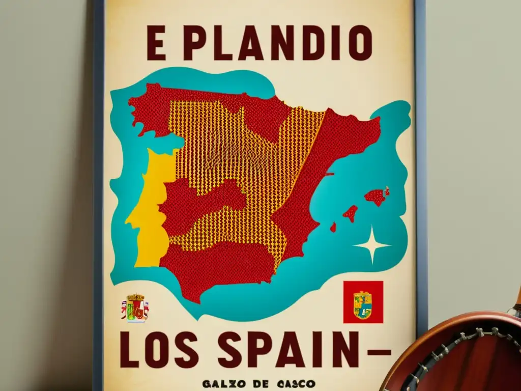 Cartel vintage con mapa de España resaltando Cataluña, País Vasco y Galicia