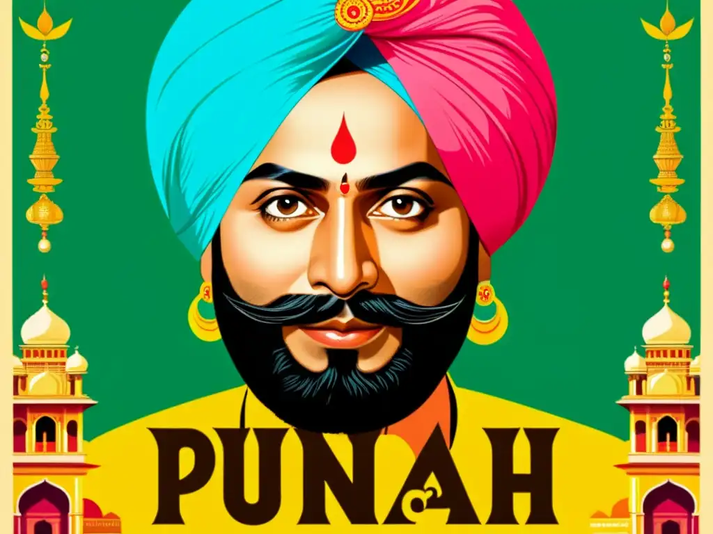 Un cartel vintage de una película clásica punjabi con colores vibrantes, vestimenta tradicional y tipografía cautivadora