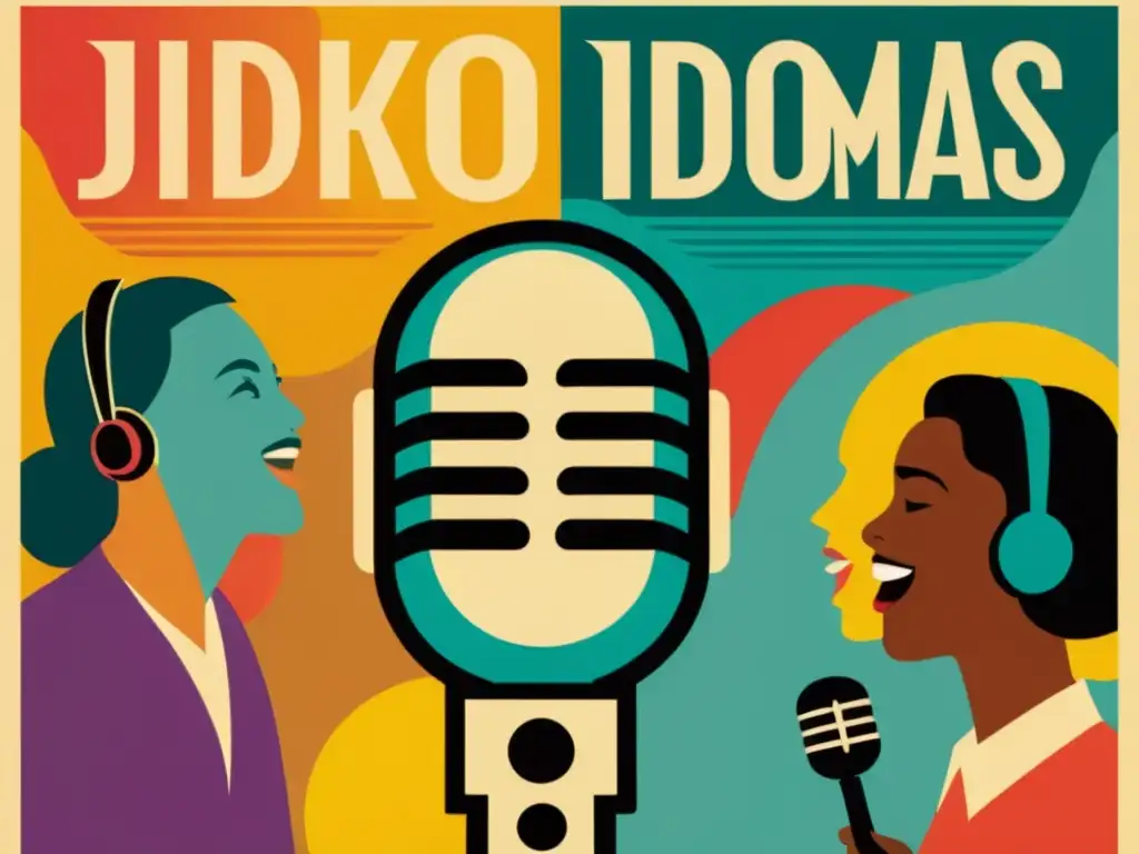 Un cartel vintage muestra a personas de diferentes culturas cantando karaoke en varios idiomas