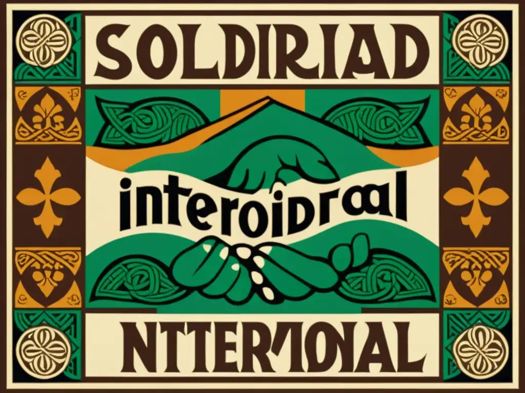 Un cartel vintage muestra personas de diferentes culturas unidas en solidaridad, con 'Solidaridad Internacional' en letras ornamentadas