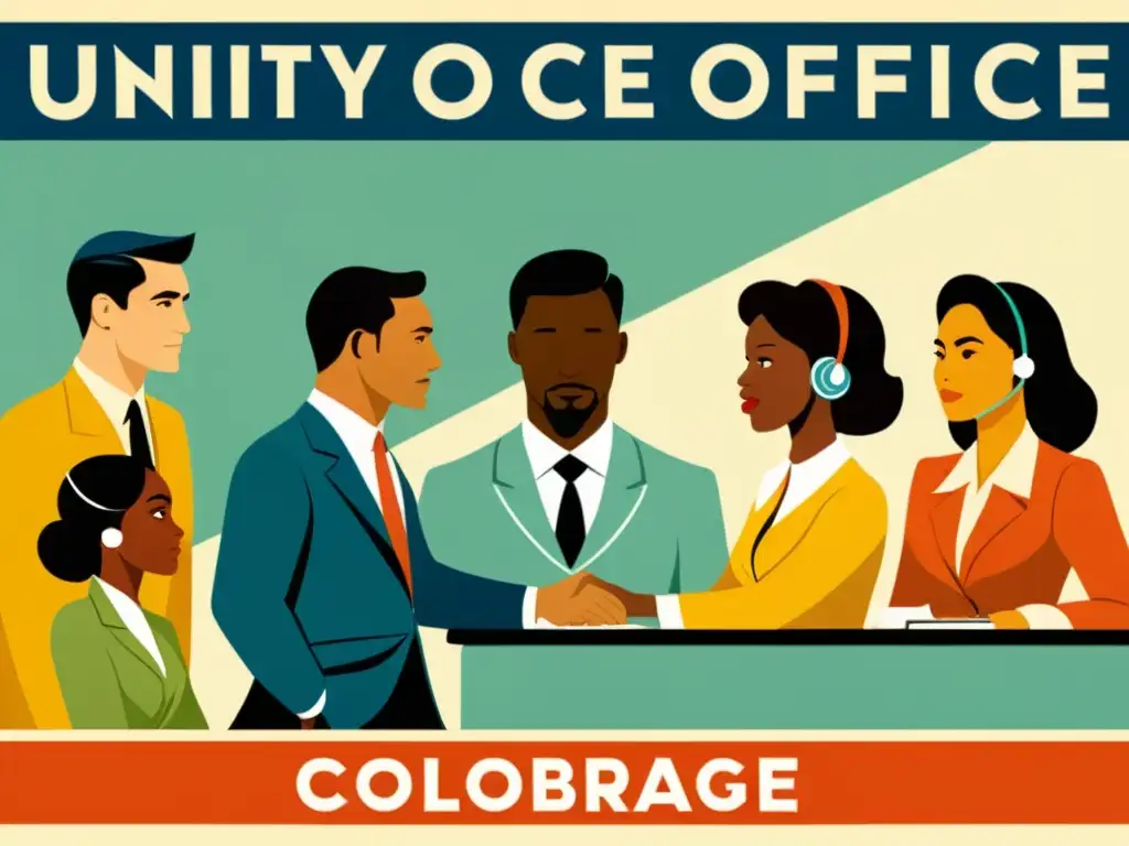 Un cartel vintage que muestra personas diversas trabajando juntas en una oficina, superando prejuicios lingüísticos en el trabajo