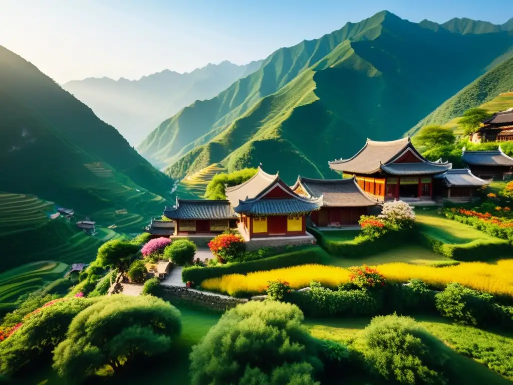 Una casa tradicional Qiangic en un remoto pueblo de montaña en el suroeste de China, rodeada de flores vibrantes y picos nevados