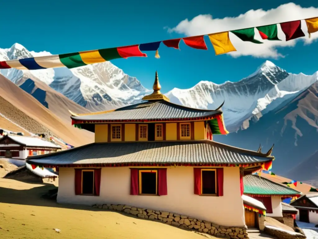 Una casa tradicional tibetana con detalles en madera y banderas de oración coloridas ondeando frente a picos nevados del Himalaya