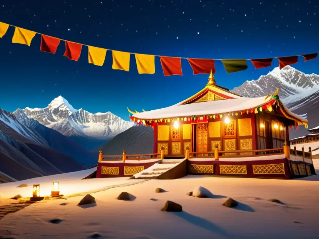 Una casa tradicional tibetana iluminada por velas bajo un cielo estrellado, con banderas de oración y montañas del Himalaya nevadas al fondo