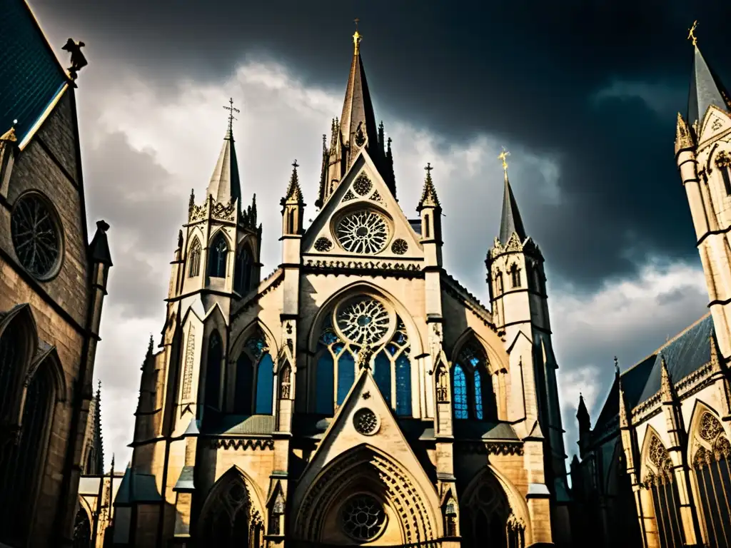 Una catedral gótica de piedra con detalles intrincados y torres imponentes, en un cielo nublado