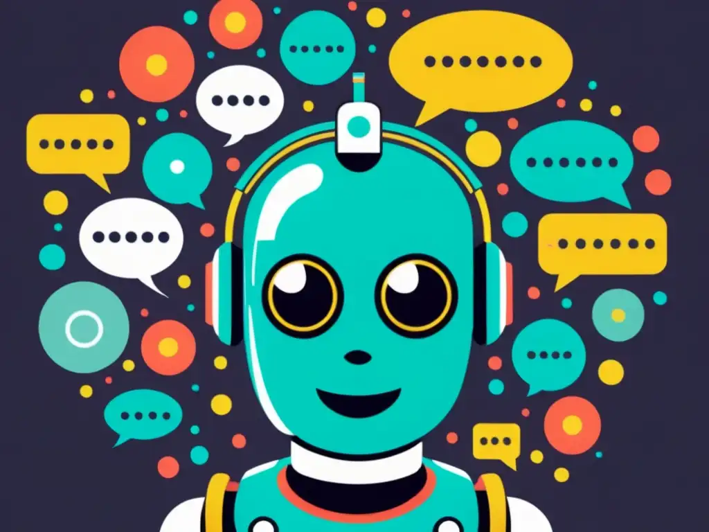 Un chatbot vintage rodeado de burbujas de diálogo en diferentes idiomas, mostrando la complejidad de la comunicación multilingüe en el ciberespacio