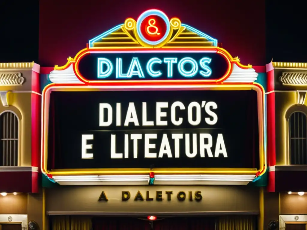 Marquesina vintage de cine con 'Dialectos en el cine y la literatura' en letras clásicas rodeada de luces de neón y detalles ornamentales, evocando la nostalgia y el glamour de Hollywood antiguo